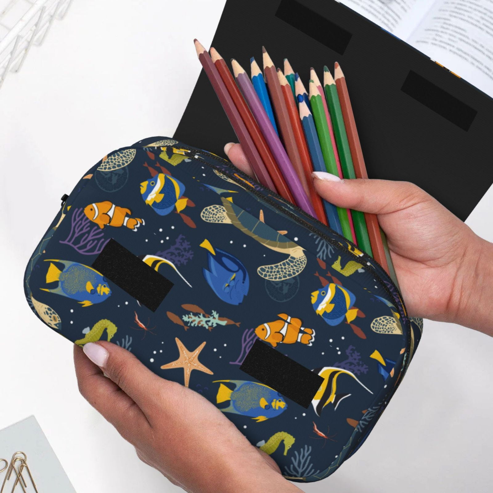 Rateoe Undersea Animals Pattern Double Clamshell Pen Case, Storage Organizer with Two Zipper Compartments– Holds Up to 50 Pencils & Pens