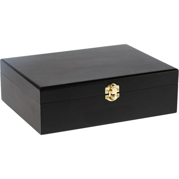 Black Wooden Keepsake Box with Gold Clasp | 10.25″ × 7.5″ × 3.25″ Storage Case for Photos, Jewelry, Crafts & Gifts