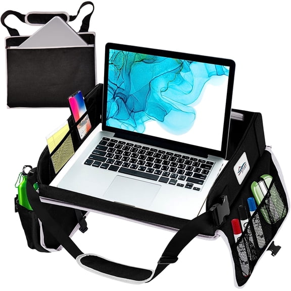 Cerizona Travel Lap Desk - Travel Tray, Portable Lap Desk for Car, Remote Work, Trips, School - Storage Pockets, Laptop Tablet Sleeve, Adjustable Carrying Strap - Fits up to 15.6-Inch Laptop (Black)