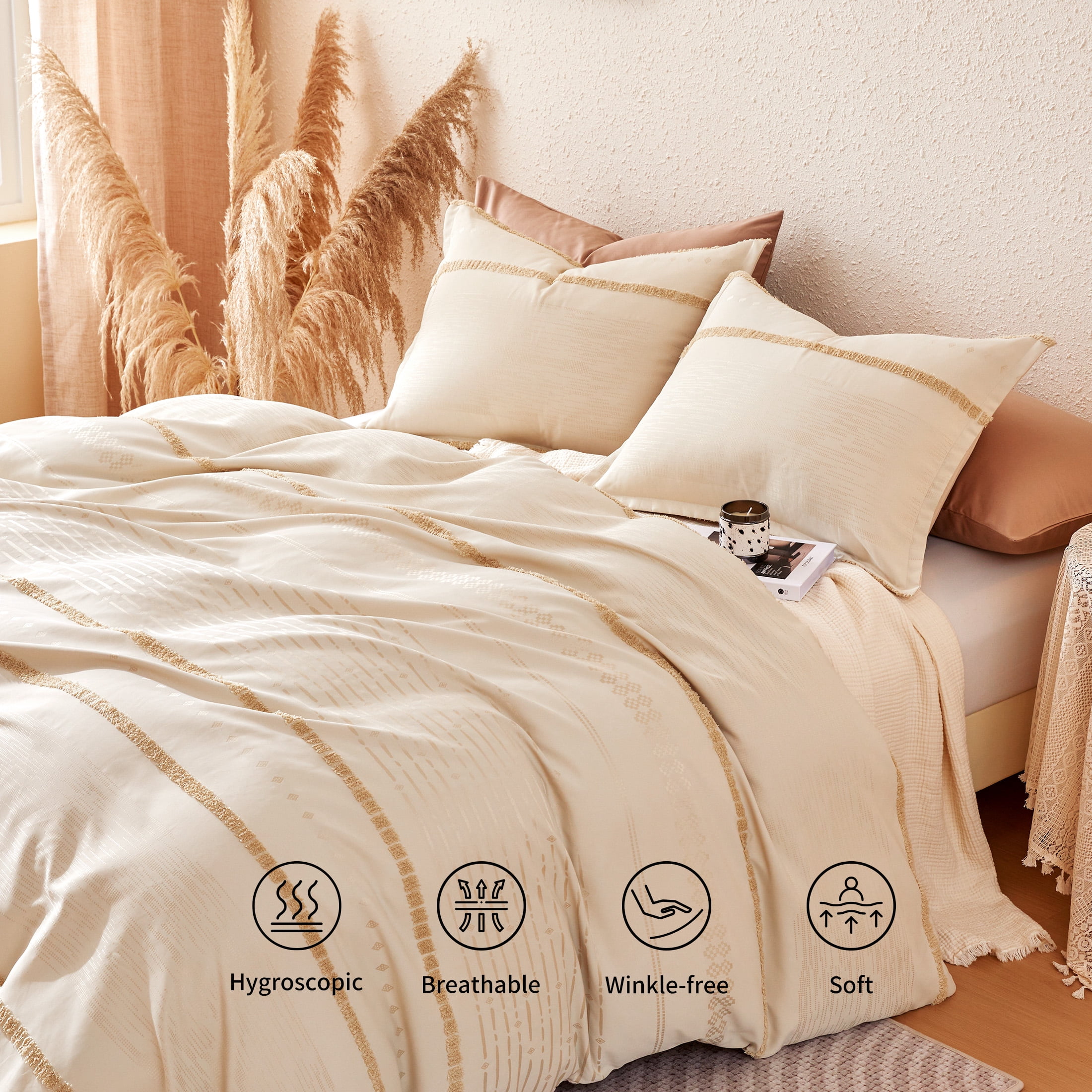 Sonive Boho Duvet Cover Set Modern Boho Beige Tufted Textured Duvet Cover Set, Queen