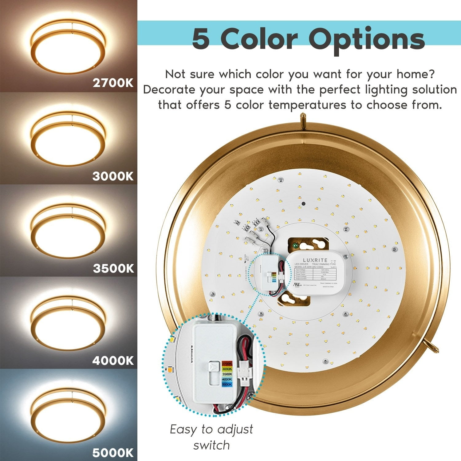 Luxrite 16 Inch LED Flush Mount Ceiling Light 5 Color Selectable Dimmable 24W 1920 Lumens ETL Listed Brushed Brass