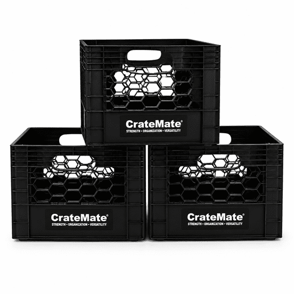 CrateMate Heavy Duty Black Milk Crates for Storage, Organization, & More - Versatile & Durable,Stackable 16 Qt 13" x 13" x 11" 3PK