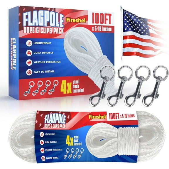 Upgraded 5/16" 100ft Flagpole Rope Kit - Durable, Weather-Resistant Nylon Halyard with 4 Zinc Alloy Clips - Easy Installation, UV Resistant - High Weight Bearing, Anti-Tearing Utility Rope