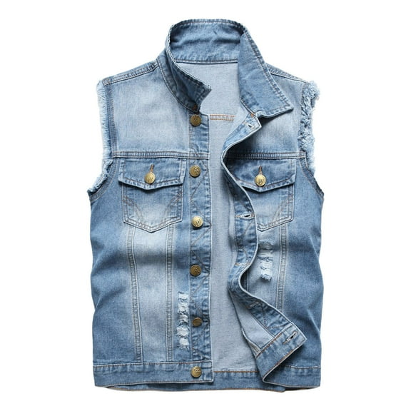 Vintage Ripped Denim Vest Jacket For Women Frayed Hem Sleeveless Down Down Jean Jacket With Pocket Slim Outwear