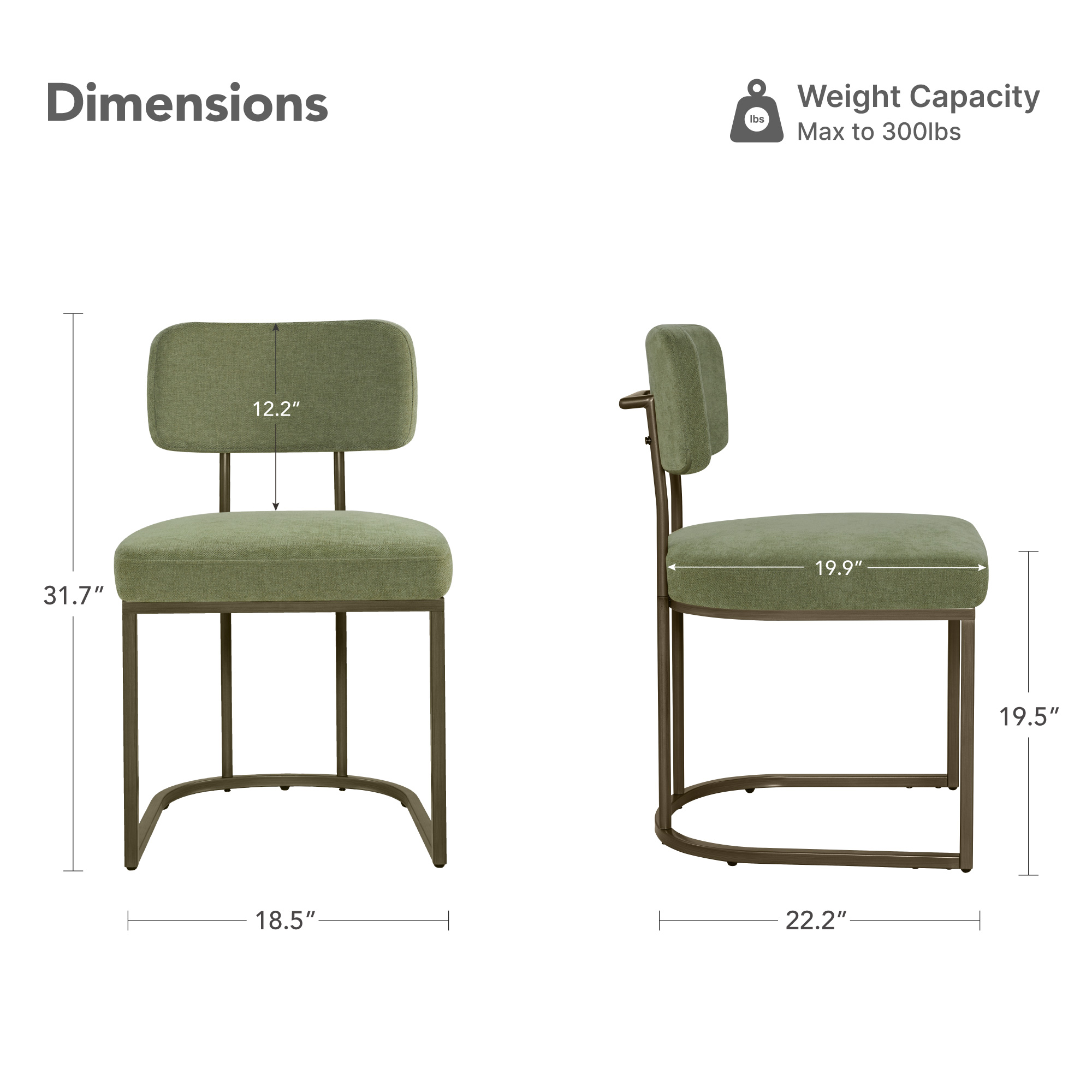 Spruce & Spring Modern Low-Back Metal Dining Chair with Upholstered Seat Set of 3, Green&Brass Frame