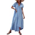 thumbnail image 3 of SAYOO , vestido suelto de manga corta para mujer, Color sólido, cuello en V, dobladillo Irregular, elegante vestido de fiesta de playa de verano, ropa de calle de vacaciones SAYOO  Casual, 3 of 9