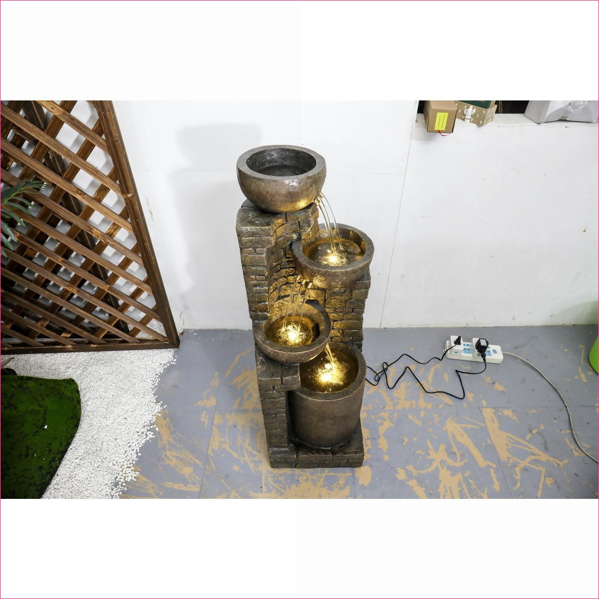 Fountains 38.2" H Outdoor Stacking Fountain for Garden Patio, with LED Lights & Built-in Pump | Resin | Walnut Brown