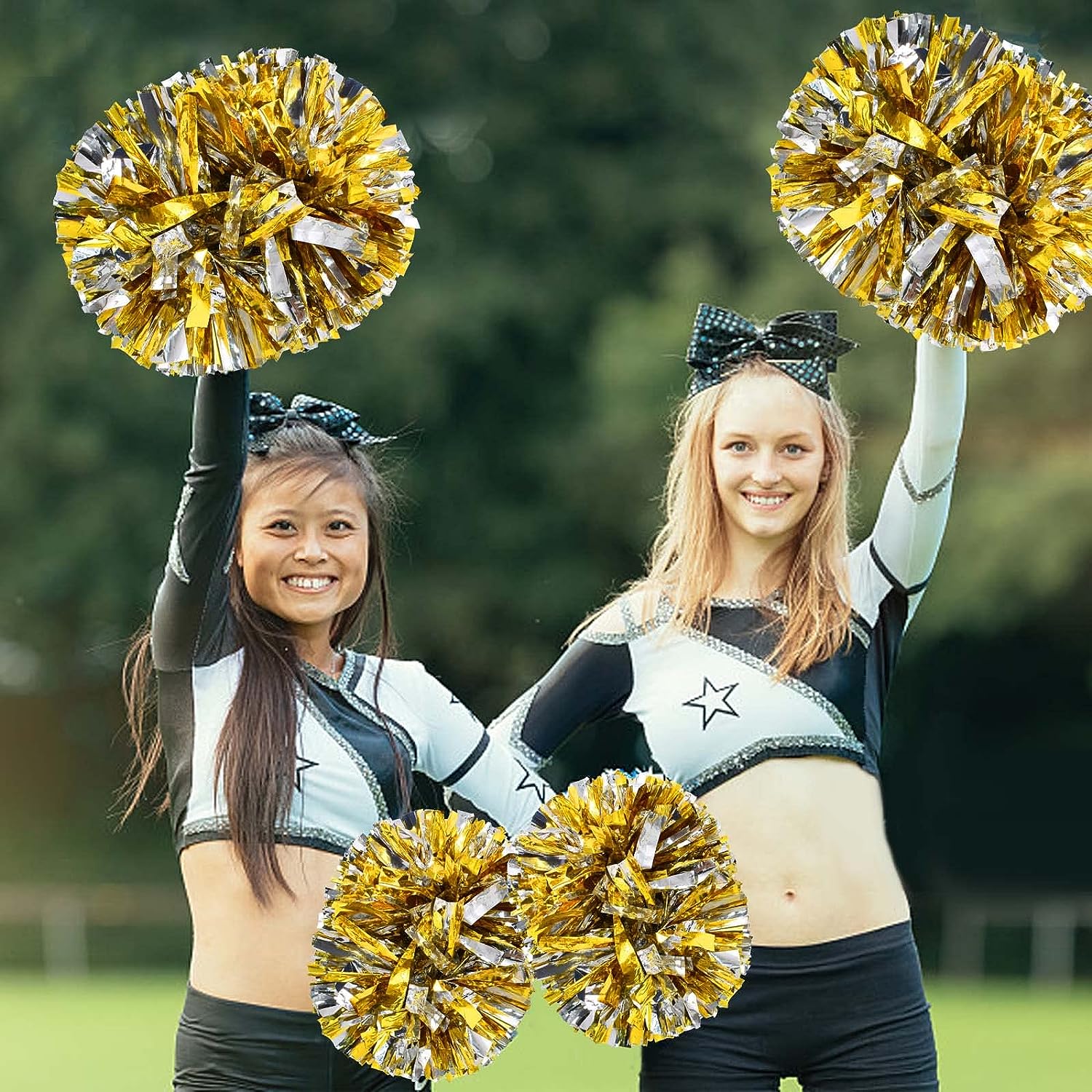 LINLIN Pom Poms Cheerleader 2 Pieces Metallic Cheerleading Pompons Flower Ball, Aerobics Cheerleading Pom Poms, for Sports Dance Cheerleading Pompons Plastic