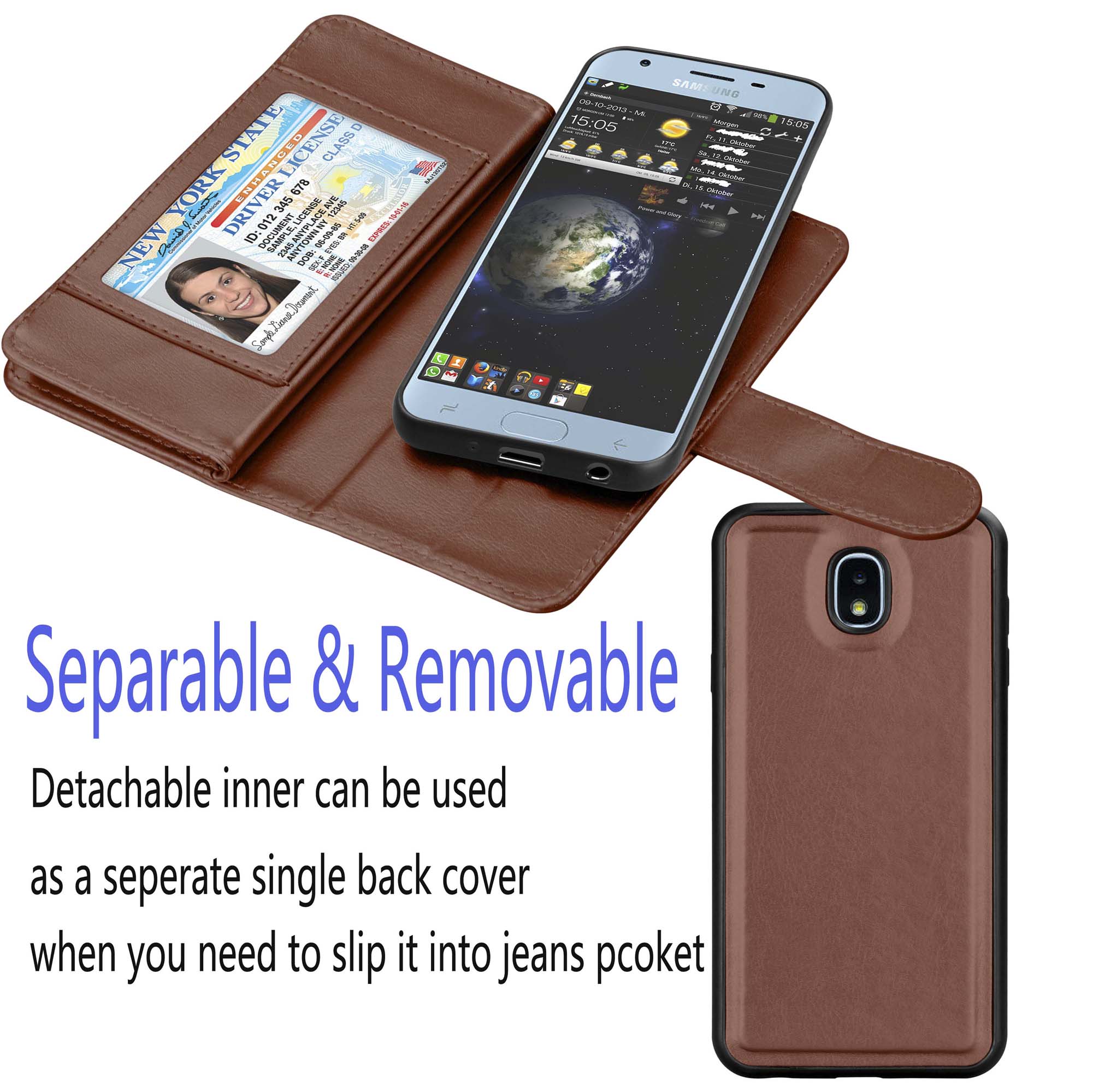 Njjex Wallet Case For 5.5" Samsung Galaxy J7 2018 / J7 V 2nd Gen / J7 Refine / J7 Aero / J7 Eon / J7 Top / J7 Crown / J7 Aura, Wallet Case PU Leather Flip Cover Wrist Strap & Kickstand Brown - image 4 of 5