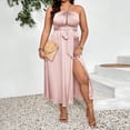 thumbnail image 3 of Plus Size Womens Pink Halter Off Shoulder Maxi Dress High Waist Backless Slit Knitted Elegant Style, 3 of 6