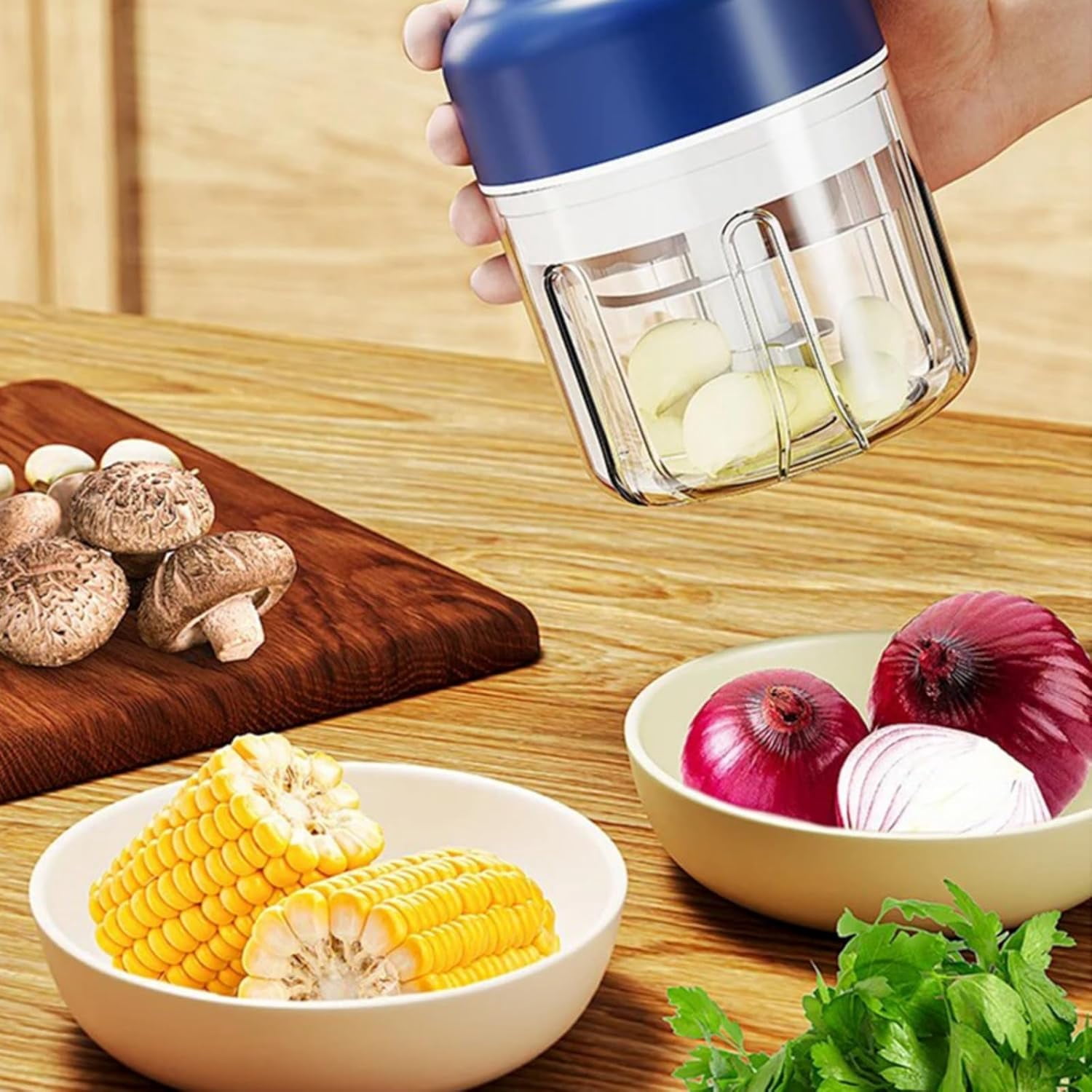 Cordless Food Chopper, Electric Garlic Crusher & Vegetable Slicer, Rechargeable Mini Food Processor for Onion, Herb, Nut, Stainless Steel Blades, Compact Kitchen Gadget (Blue)DSF