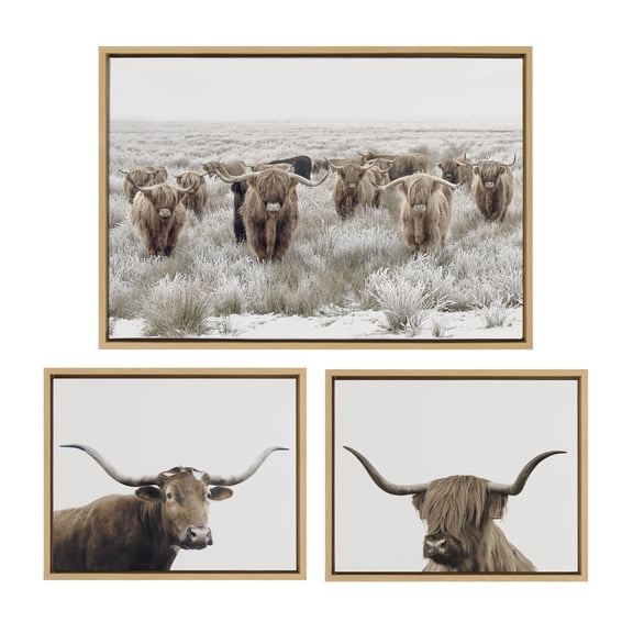 Kate and Laurel Sylvie Texas Longhorn, Highland Cow Portrait Close and Herd of Highland Cows Framed Canvas Wall Art Set by The Creative Bunch Studio, 3 Piece Set Natural, Farm Animal Cow Art for Wall