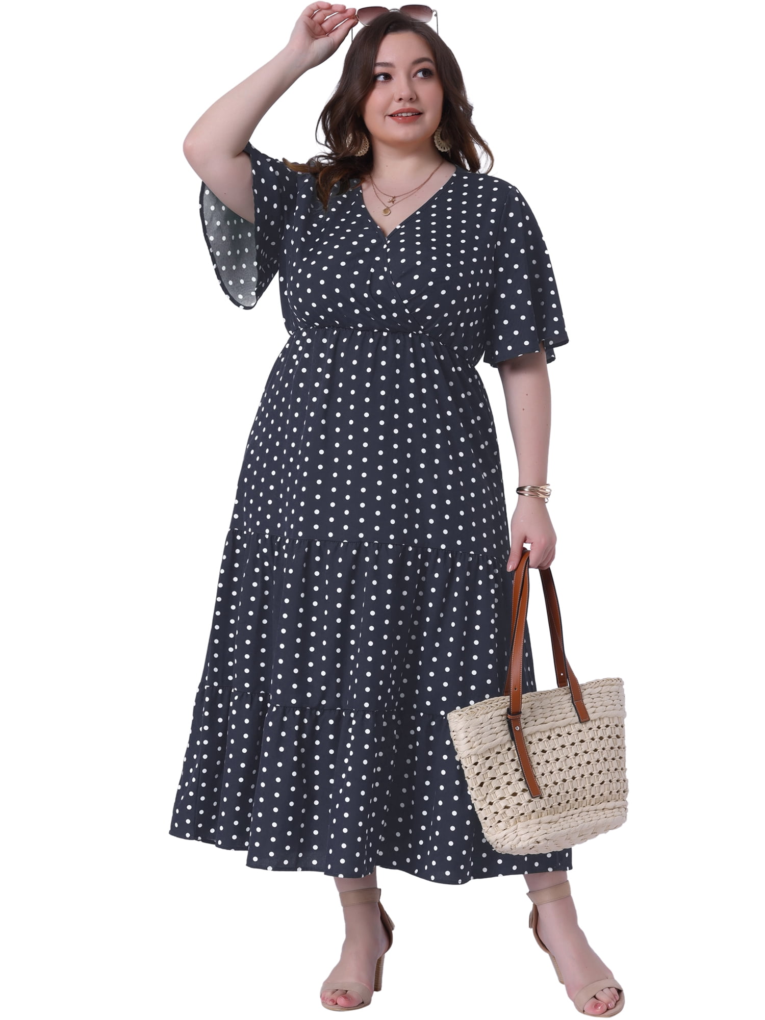 DARING DIVA Women's Plus Size V Neck Wrap Polka Dot A-Line Dress 1X Dark Blue