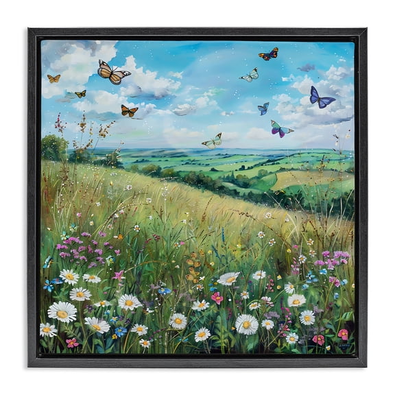 Stupell Industries Butterflies In Tranquil Meadow Black Framed Floater Canvas Wall Art design by LSR Creative Studio, 18 x 18