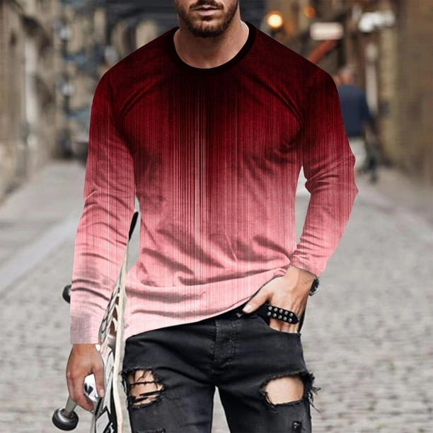 Blusas y camisas de manga larga con cuello redondo para hombre, blusa informal con estampado de cuello redondo y manga larga para hombre