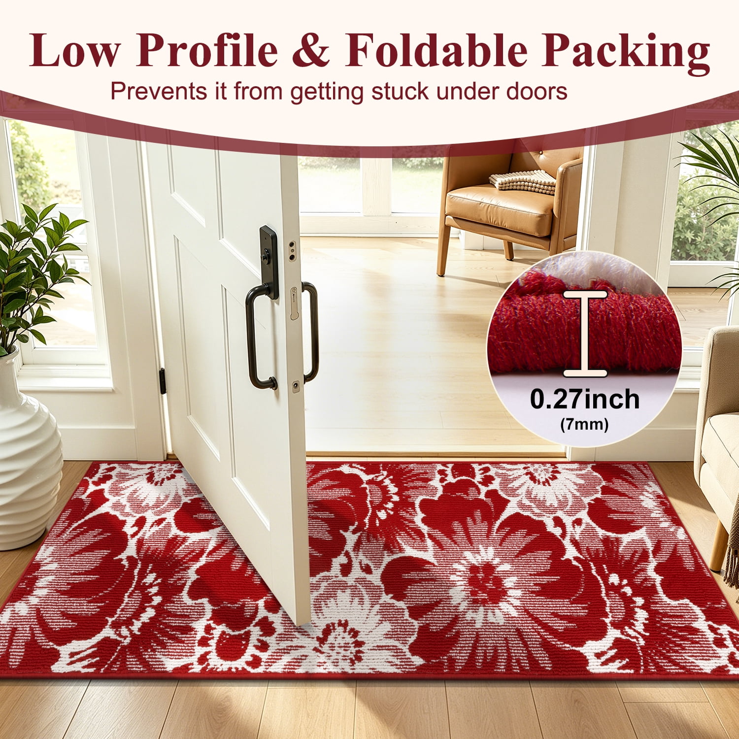Findosom Runner Rug for Hallway 2x6 ft,Non-slip Machine Washable Runners Flower Floor Mats Low Pile Carpet Rug Runner with Rubber Backing for Entryway Doormat Bathroom Kitchen Laundry Room,Red