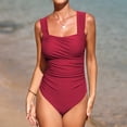 thumbnail image 2 of One Piece Bathing Suit for Women Tummy Control Swimsuits Square Neck Ruched Modest Swimwear Wine S, 2 of 5