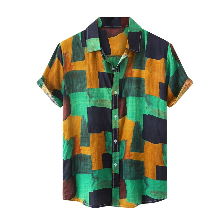 VSSSJ Hawaiian Shirts for Men Relaxed Fit Geo Print Short Sleeve Button  Down Camp Collar Tees Casual Summer Breathable Lightweight Shirt Blouse  Green