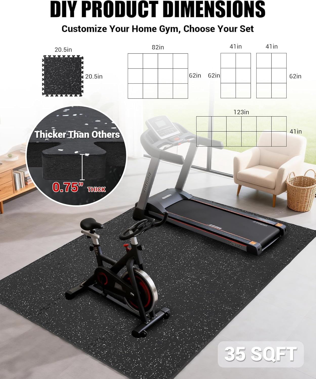 GARVEE Extra Thick Puzzle Exercise Equipment Mat with High Density EVA Foam Interlocking Tiles for Protective,Cushioned Workout Flooring for Home and Gym Equipment,Black,0.75"/48 Sq Ft - 13 Tiles