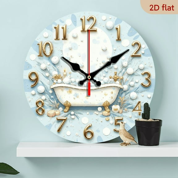 2D Flat 1pc 10Inch Bubble Bath Decorative Wall Clock - Silent Non-Ticking, Golden Hands Numbers, Wooden Frame, Style Bathroom Decor with Floral Starry Night Design, Battery Not Included