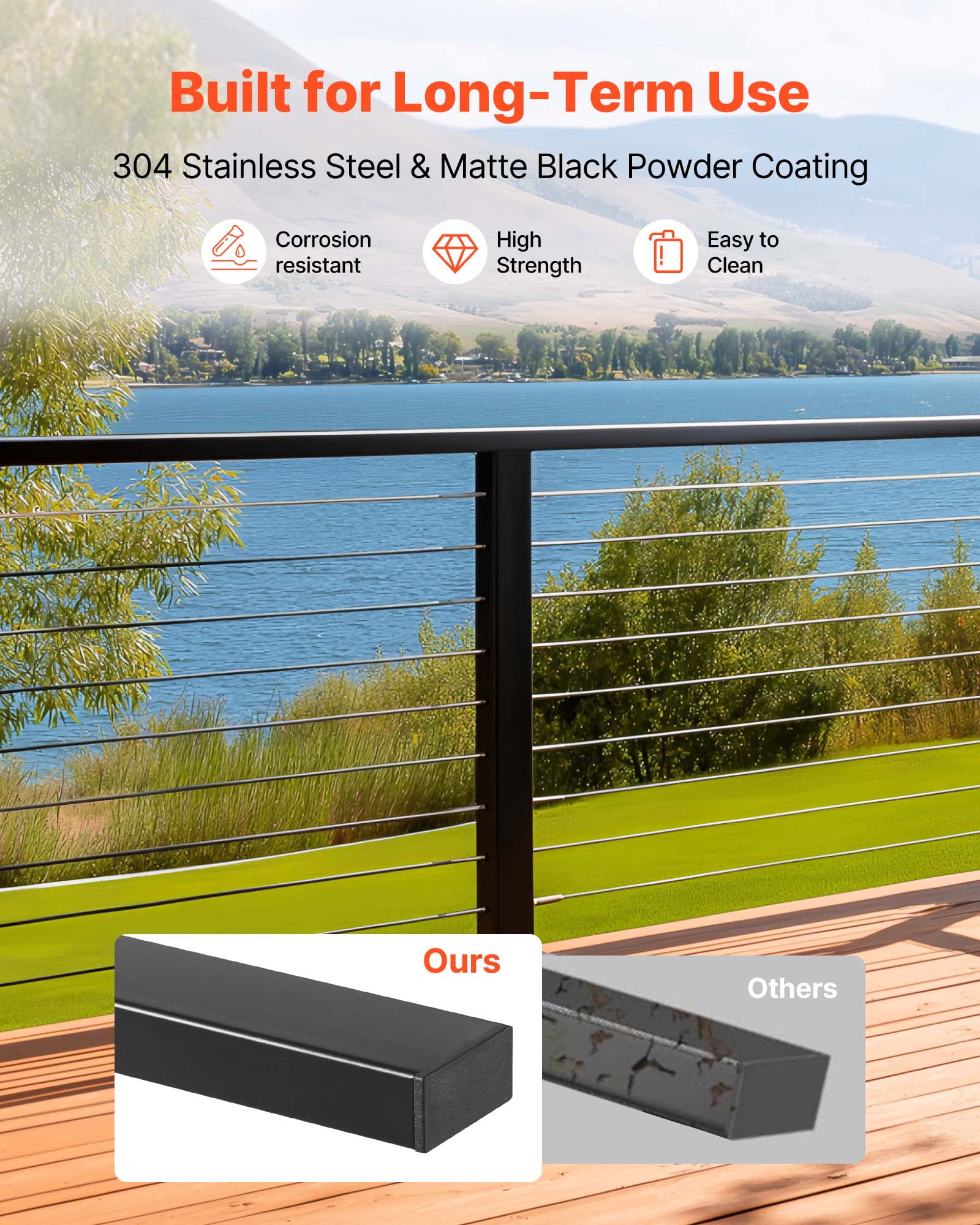 VEVOR 6.5 ft Stainless Steel Handrail, Rectangular Top Stair Deck Hand Rail for Outdoor/Indoor Steps with End Cap,Matte Black Coating Adjustable Metal Stair Rail for Cable Railing Kit