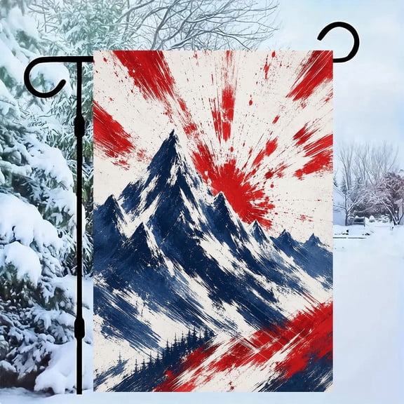 RKSupls Patriotic Linen Double Sided Garden Flag, Independence Day Themed Yard Decor, Mountain Sunrise Red White Blue Brushstroke Outdoor Banner for Holiday Lawn