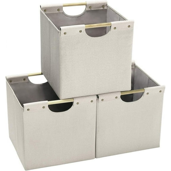 Collapsible Storage Bins, 13x13x13in Storage Cubes Linen Fabric, 3 Pack, Storage Baskets with Wooden Carry Handles and Sturdy Heavy Cardboard, for Home, Office, Car, Nursery, Beige