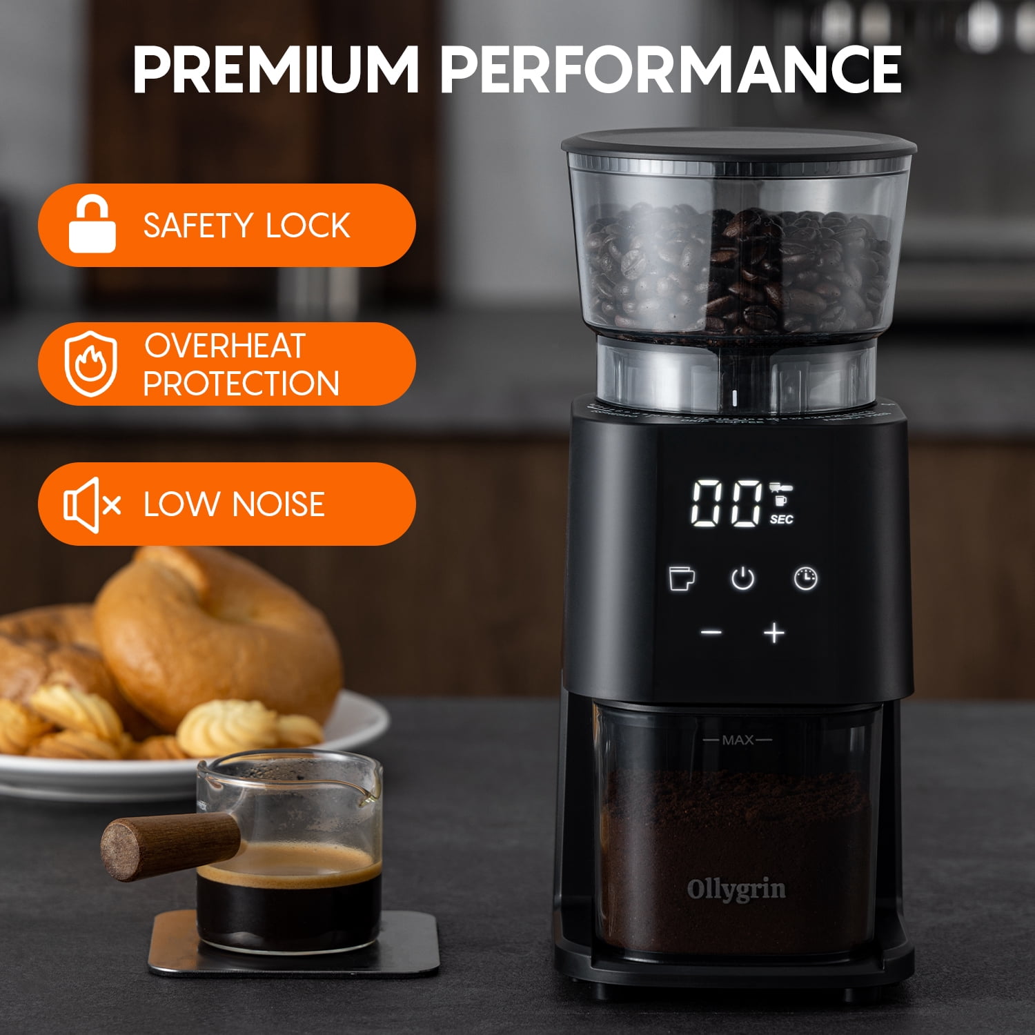 Ollygrin Conical Burr Coffee Grinder Electric Coffee Bean Grinder with LCD Screen 30 Grind Settings Burr Mill Grinder, 2-12 Cups