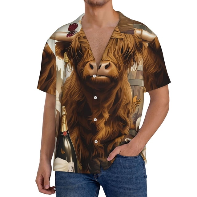 Fotbe Cow With Butterflies Lilies Camisa Estampada de Manga Corta para Hombre, Casual de Verano, Estilo Playero, Sin Arrugas-Large