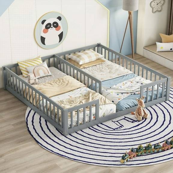 Double Twin Floor Bed with Grey Fence Guardrails, No Door, Sturdy & Durable