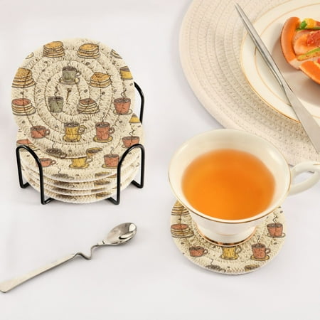 

Afternoon Tea Set of 6 Durable Woven Polyester Coasters with Black Storage Rack 4in