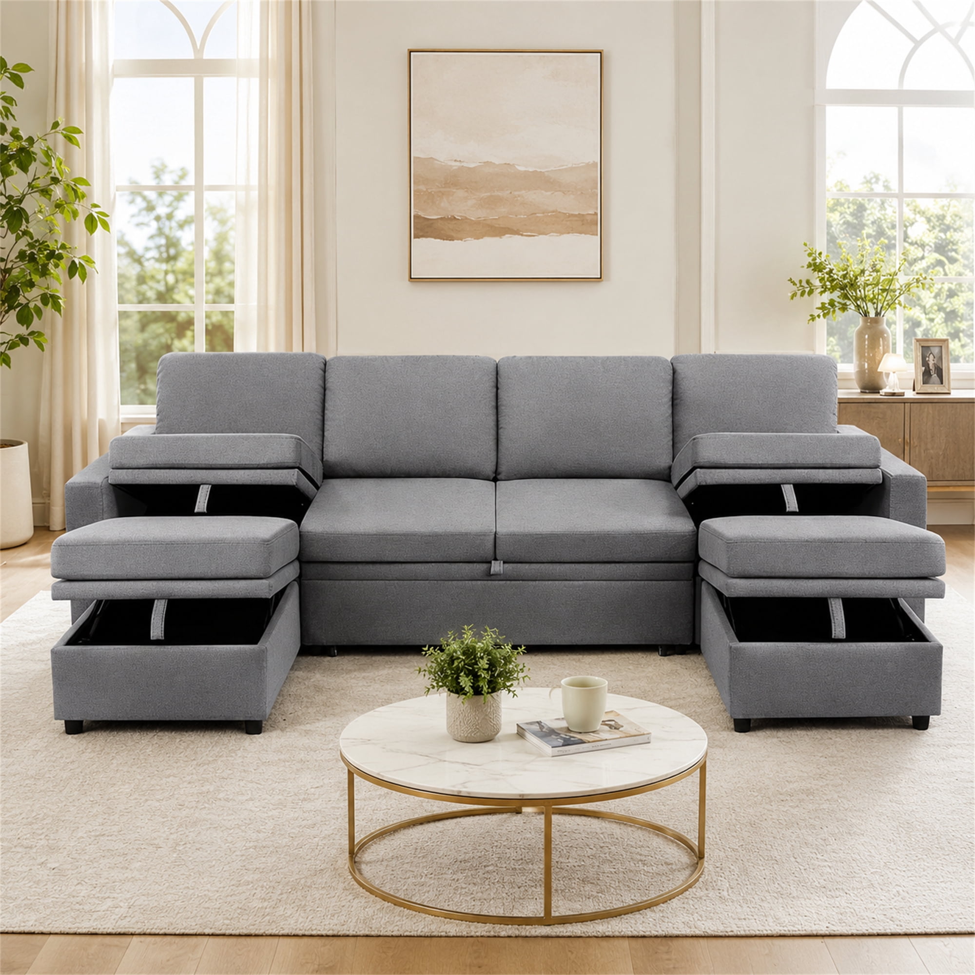 Aukfa 100" U-Shape Convertible Sectional Sleeper Sofa Bed for Living Room, 2 Storage Ottoman&Pillows, 6 Seat Modular Sofa, Linen, Gray
