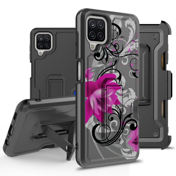 ANJ  Rugged Hybrid Shockproof Case w/Kickstand   Holster Clip Card Slot Cover for Samsung Galaxy A12 (2021 Release) - Lotus