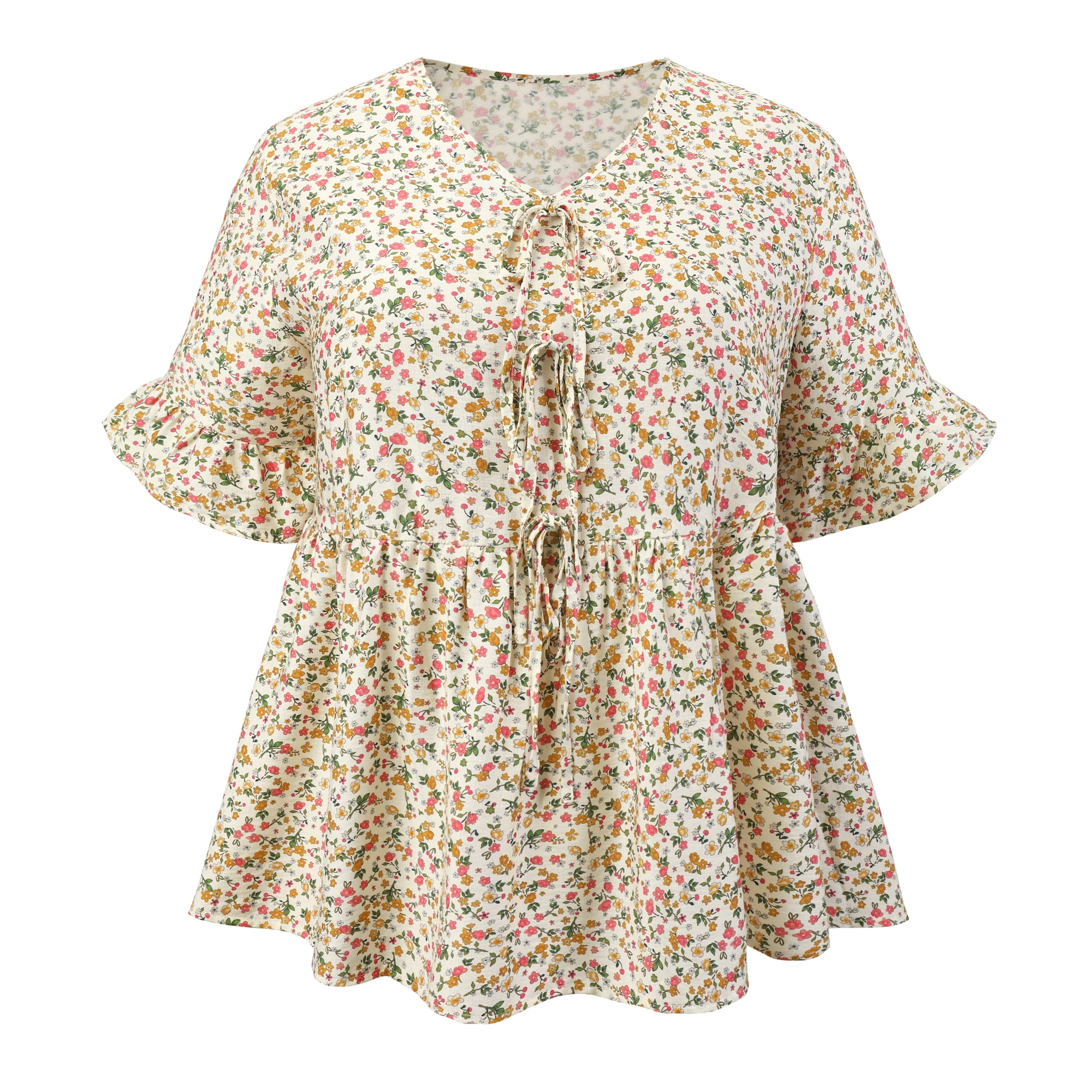 DARING DIVA Women's Plus Ditsy Floral V Neck Tie Front Ruffle Sleeve Blouse 2X Beige