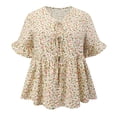 thumbnail image 4 of DARING DIVA Women's Plus Ditsy Floral V Neck Tie Front Ruffle Sleeve Blouse 4X Beige, 4 of 6