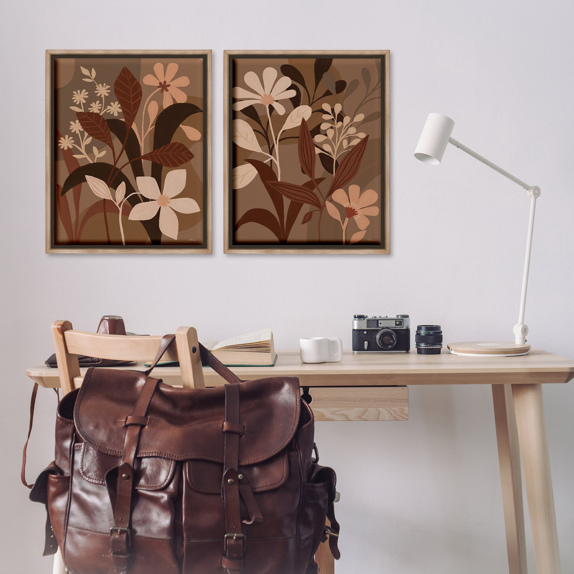 Stupell Industries Modern Boho Flower Bundle Floral & Botanical Painting Brown Floater Framed Canvas Art Print Wall Art, 31 x 25, Set of 2