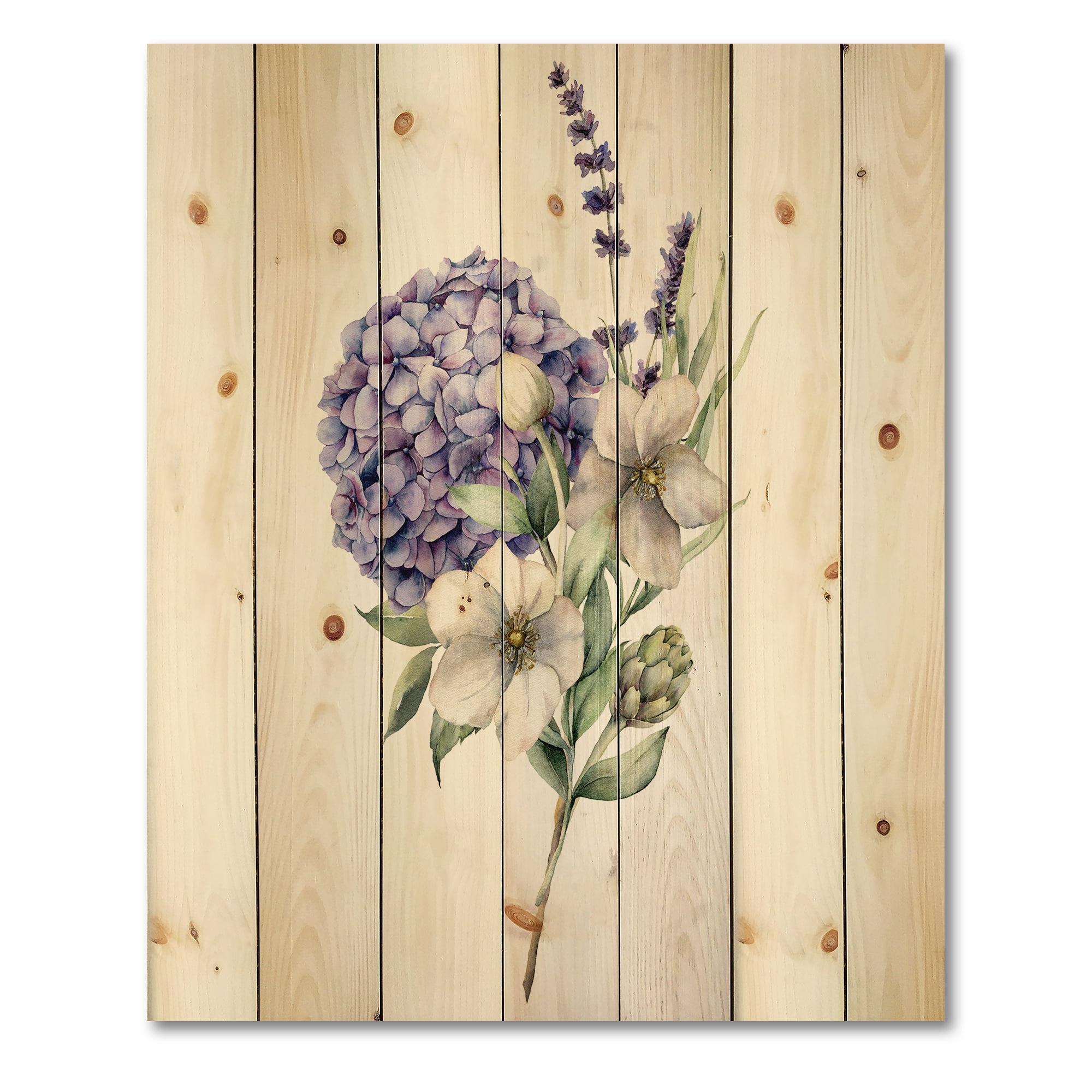 Designart 'Bouquet Of Lavender Anemone Artichoke & Hydrangea ' Traditional Print on Natural Pine Wood