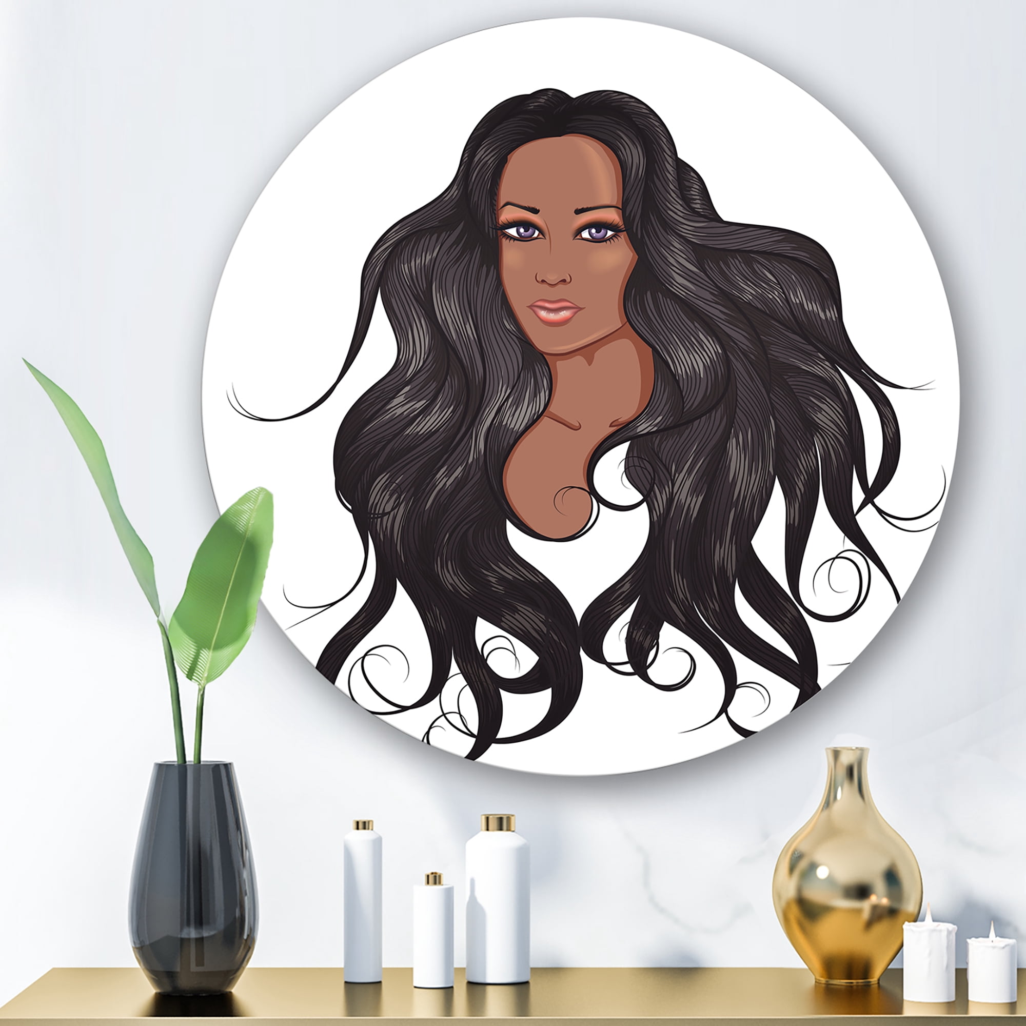 Designart 'Portrait Of Afro American Woman XV' Modern Circle Metal Wall Art 11x11 - Disc of 11