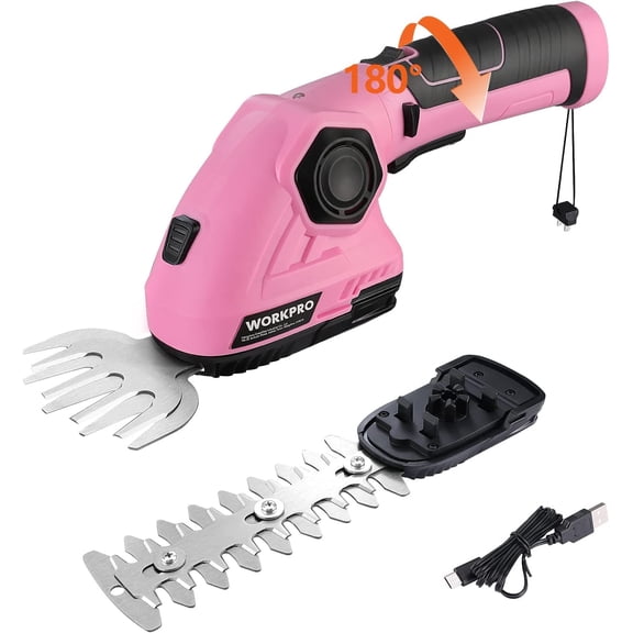 WORKPRO Pink Cordless Grass Shear & Shrubbery Trimmer - 2 in 1 Handheld Hedge Trimmer 7.2V Electric Grass Trimmer Hedge Shears/Grass Cutter 2.0Ah Rechargeable Lithium-Ion Battery - Pink Ribbon