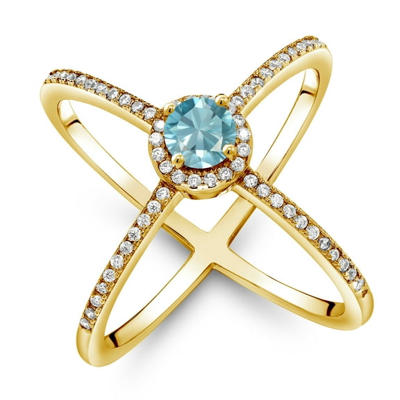 Gem Stone King 1.67 Ct Round Blue Zircon 18K Yellow Gold Plated Silver Criss Cross X Ring (Size 5)