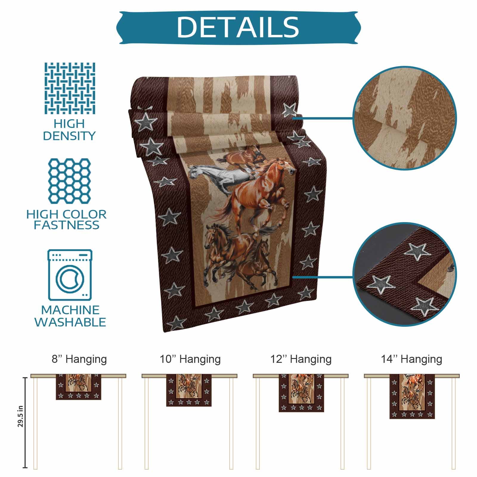 Horses Table Runner, Western Brown White Horse Brown Animal Texture Stars Washable Kitchen Table Runners Dress Scarves for Dining Table Decorations Party, 13x90in