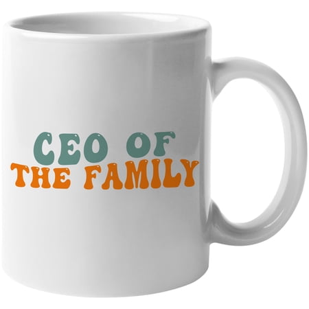 CEO of the Family, Chief Executive Officer or Entrepreneur Quote, Groovy Retro Wavy Text Merch Gift, White 11oz Ceramic Mug