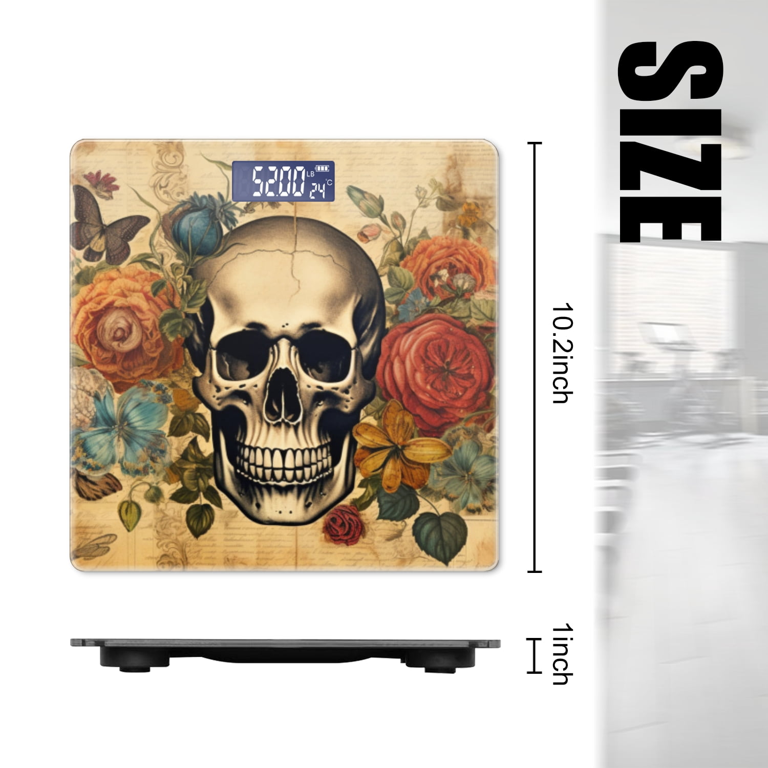 Bathroom Scale, Highly Accurate Digital Body Scale,Precisely Measures Weight up to 400 lbs-Old-Fashioned Skull Surrounded By Flowers And Butterflies,