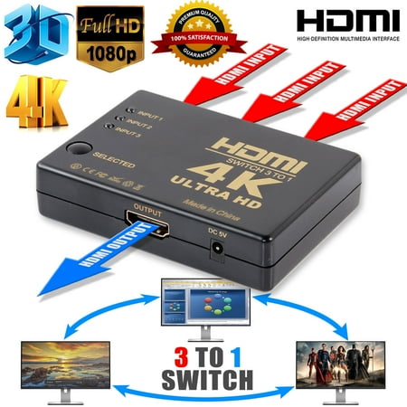 TSV Ultra HD 3Port 3x1 HDMI Switcher 4Kx2K 1080P 3D Switch Selector With IR (Best Remote Computer Access)