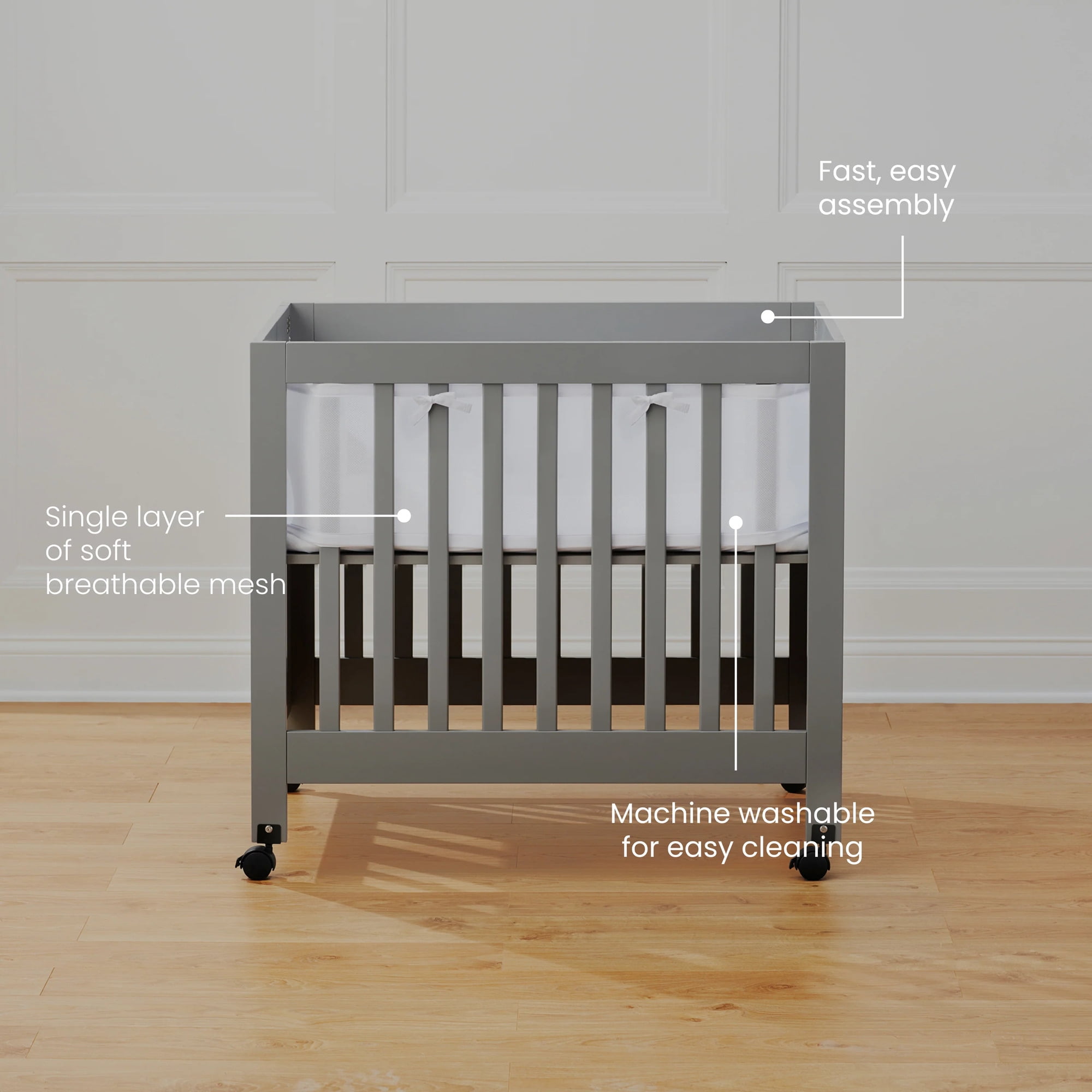 HALO Breathable Mesh Mini Crib Liner, Airflow Design Crib Bumper, 100% Polyester, Gray, 11" x 127"