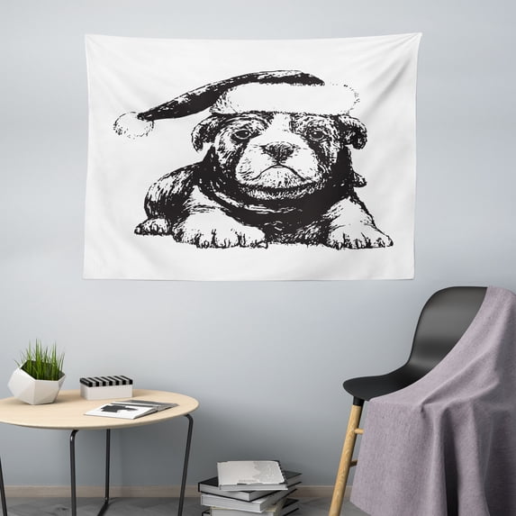Bulldog Tapestry, Monochrome Style Graphic Demonstration of a Doggie in a Christmas Hat, Fabric Wall Hanging Decor for Bedroom Living Room Dorm, 5 Sizes, Charcoal Grey and White, by Ambesonne