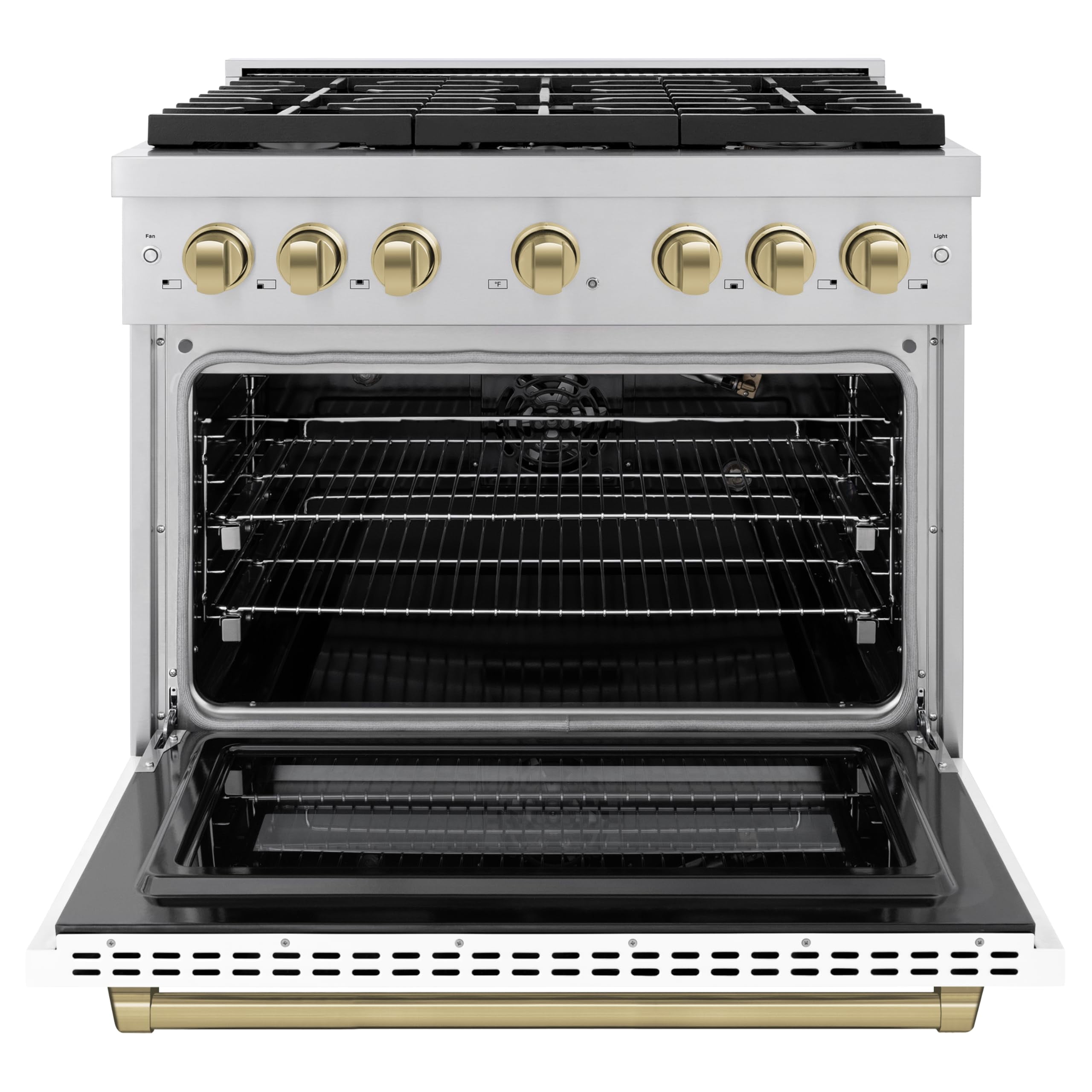 ZLINE Autograph Edition 36 in. 5.2 cu. ft. Paramount Gas Range with 6 Burner Cooktop and Convection Gas Oven in Stainless Steel with White Matte Door and Polished Gold Accents (SGRZ-WM-36-G)