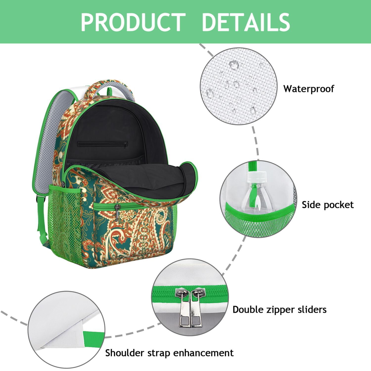 Elegant Exotic Paisley Backpack - Lightweight Waterproof School Bag with Adjustable Shoulder Straps