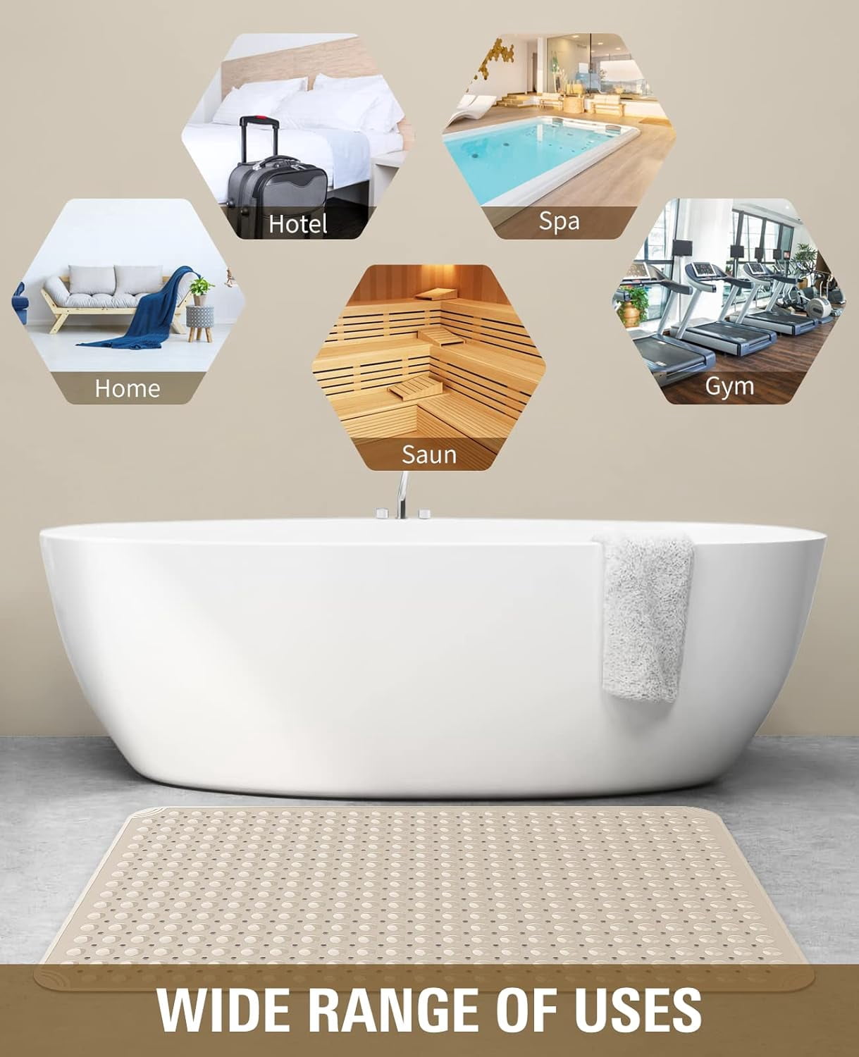 Yolife Shower Mat 31.5"x31.5" - TPE Non-Slip Bath Mat/Suction Cups & Drain Holes, Heavy Duty for Shower Stall, Odor-Free,Beige