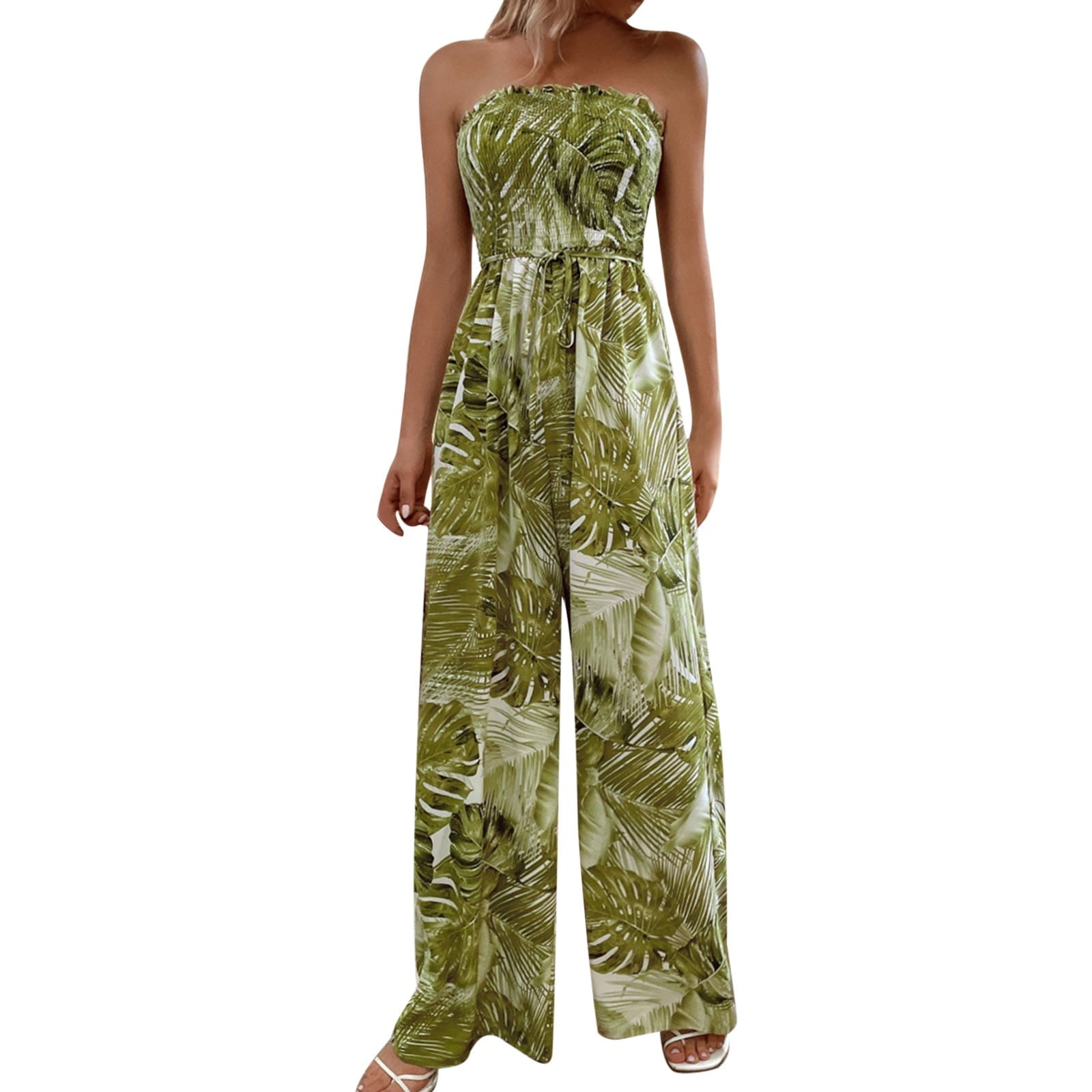 Womens Jumpsuits Sleeveless Strapless Printed Summer Beach Hawaiian